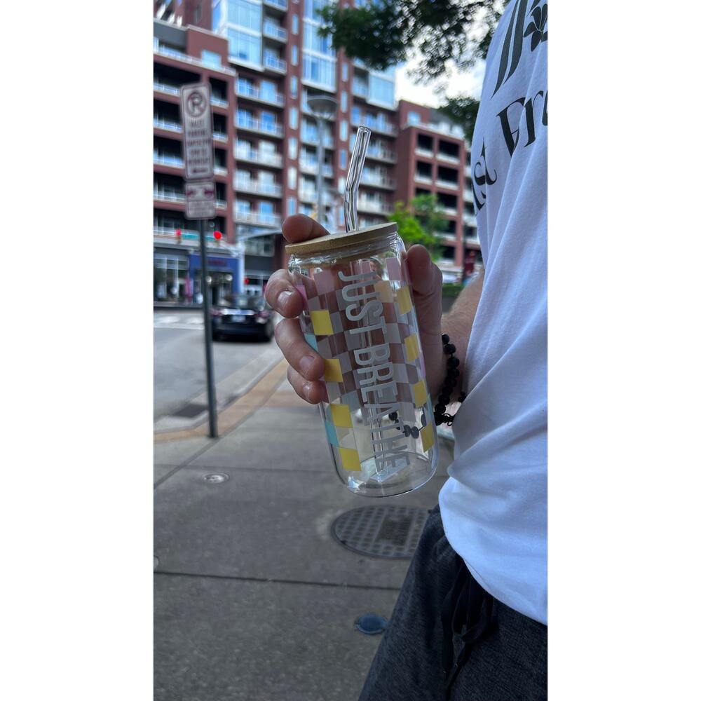 Checkered Just Breathe Glass Cup
